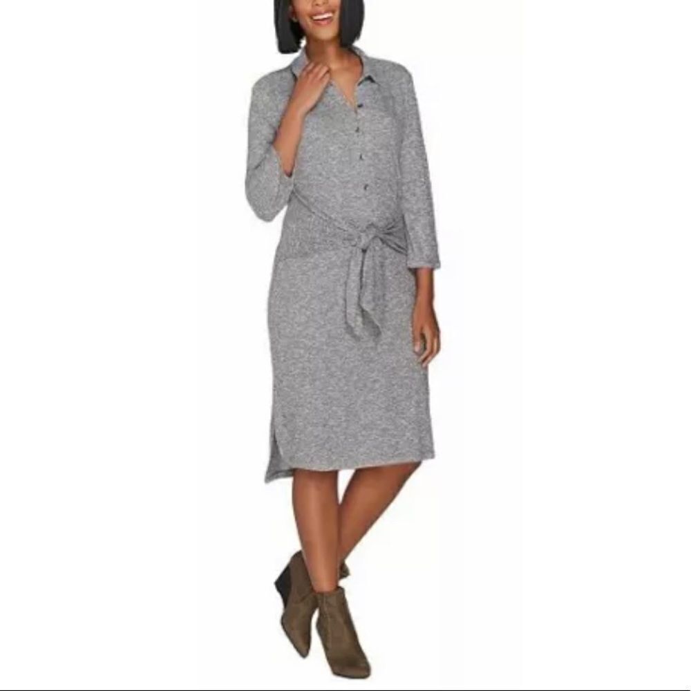 H by Halston Petite Rib Knit Button Front Dress with Tie